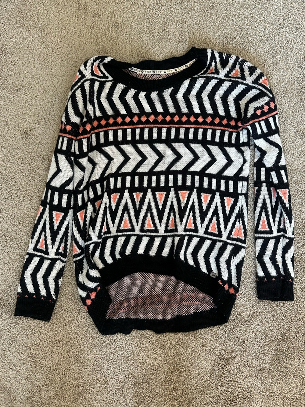 Roxy Black White and Coral Geometric Knit Sweater
